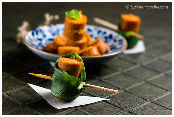 Spicy Vegan Sausage; spicy; sausage; vegan; vegetarian; basil; fresh basil; sausage wrapped with basil; basil wrapped vegan sausage; recipe; Spicie Foodie; recipe; healthy; low-fat; no animal product; meatless sausage