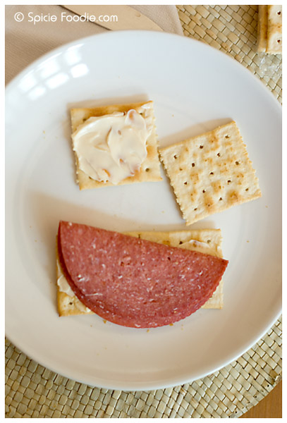 lamb salami; blue cheese; spread; blue cheese spread; saltine; crackers; saltine crackers; snack; crackers and cheese