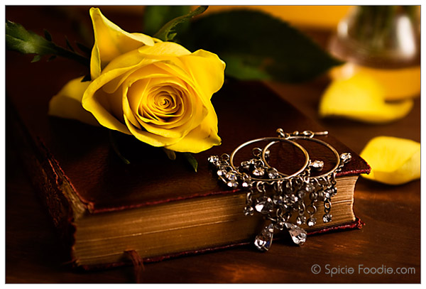 Sunday Snapshots; Yellow Roses; Antique Book; earrings; Spicie Foodie
