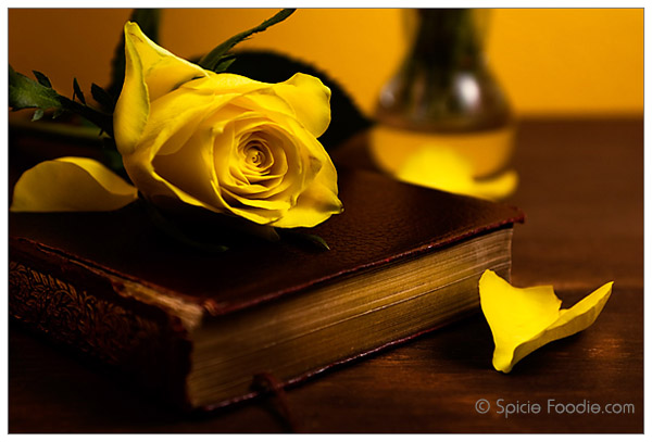 Sunday Snapshots; Yellow Roses; Antique Book; Spicie Foodie