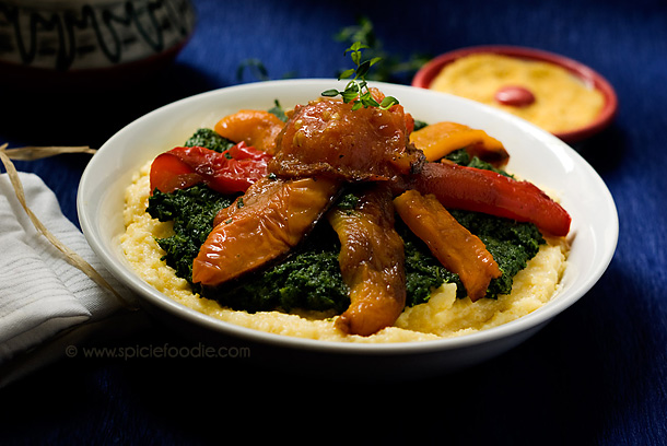 Creamy Polenta with Roasted Vegetables and Garlic Creamed Spinach | Recipe by Spicie Foodie 