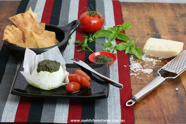 Baked Buffalo Ricotta by My Kitchen Stories | #ricotta #buffalocheese #pesto #italian