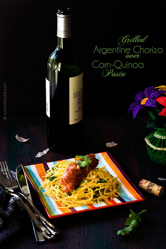 Grilled Argentine Chorizo over Corn-Quinoa Pasta (Seasoned with Garlic, Lime and Cilantro) by @SpicieFoodie | #pasta #quinoa #glutenfree #argentinianfood #chorizo