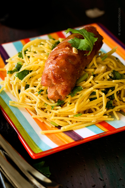 Grilled Argentine Chorizo over Corn-Quinoa Pasta (Seasoned with Garlic, Lime and Cilantro) by @SpicieFoodie | #pasta #quinoa #glutenfree #argentinianfood #chorizo