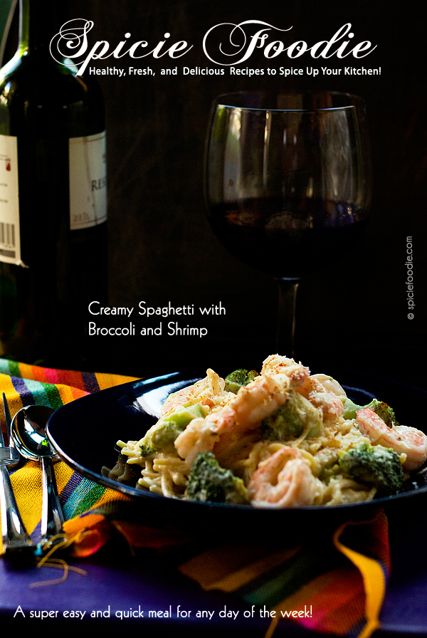Creamy Spaghetti with Broccoli and Shrimp by @SpicieFoodie | #quickmeals 